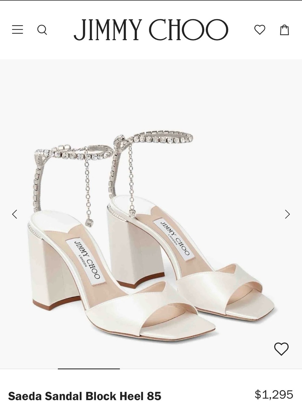 Jimmy Choo Ivory Saeda Sandal Block Heel with Crystal Ankle Strap